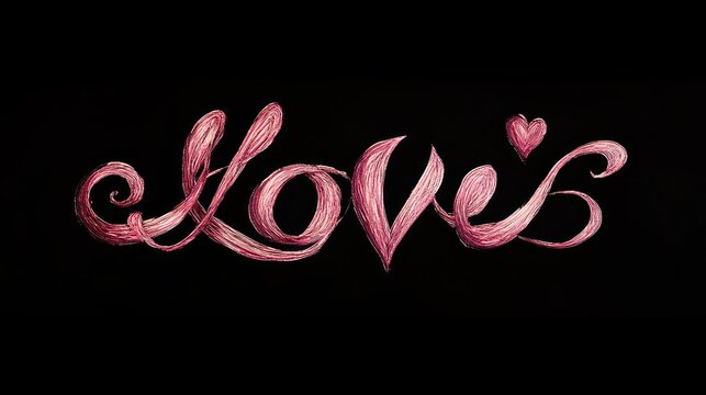 Artistic pink love typography with delicate curves on a black minimalist background, creating an elegant and emotional design focused on love and simplicity
