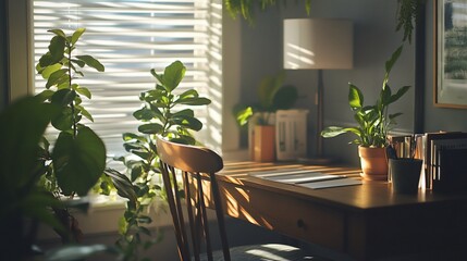 Leinwandbilder - Sunlit home office desk with plants and books.