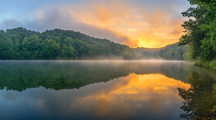 Poster - Serene sunrise over calm lake, misty morning fog reflects vibrant colors of dawn sky on still water, lush green trees line the shore.