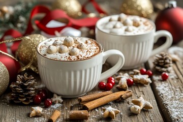 Poster - Two mugs of creamy hot chocolate topped with marshmallows and cocoa powder, surrounded by Christmas decorations.