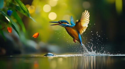 Poster - Vibrant kingfisher diving into water, splashing, catching prey.
