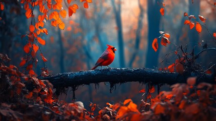 Poster - Vibrant red cardinal perched on a branch amidst autumn foliage in a misty forest.