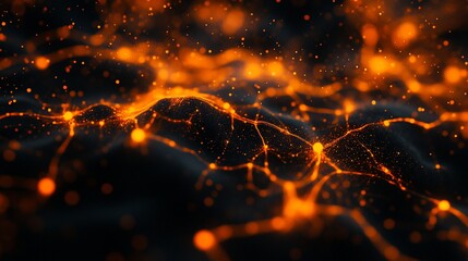 Aufkleber - Abstract glowing orange particles forming a network on a dark background.