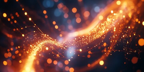 Poster - Abstract glowing orange and blue particles flowing in dark space.