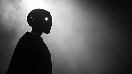 Poster - A silhouetted robot stands in smoky darkness