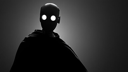 Poster - A cloaked robot with glowing eyes stands in shadow