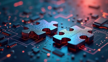 Poster - Digital illustration shows two interlocking puzzle pieces on futuristic circuit board. Integration, connectivity symbolized. Tech design represents successful API integration. Advanced tech,