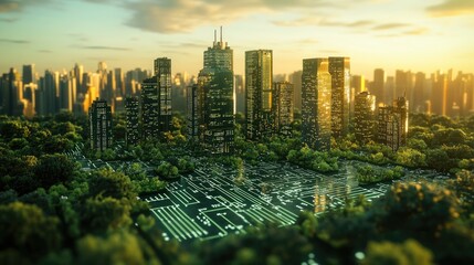 Aufkleber - Concept of a futuristic, sustainable city growing on a circuit board, combining green infrastructure with cutting-edge technology for an urban utopia