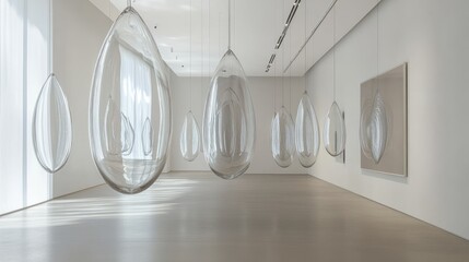 Aufkleber - Contemporary glass sculptures hanging in a minimalist art gallery, their transparent forms creating striking contrasts in a simple, elegant space
