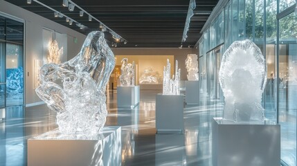 Poster - Crystal art sculptures showcased in a modern gallery, bathed in natural light that accentuates their stunning reflections and intricate details