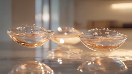 Poster - Delicate water droplets frozen in mid-air, gently falling above a glossy, reflective surface, with soft lighting enhancing the beauty and clarity
