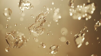 Poster - Delicate water droplets frozen in mid-air, gently falling above a glossy, reflective surface, with soft lighting enhancing the beauty and clarity