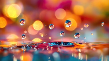 Poster - Delicate water droplets frozen in mid-air, gently falling above a glossy, reflective surface, with soft lighting enhancing the beauty and clarity