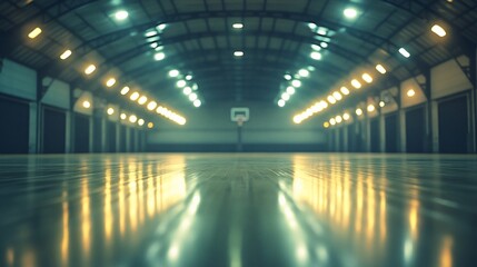 Poster - Empty indoor basketball court at night with lights reflecting on polished wooden floor.