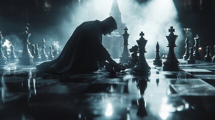 Poster - Silhouetted figure kneeling by a giant chessboard, contemplating a move in a dimly lit, atmospheric scene.