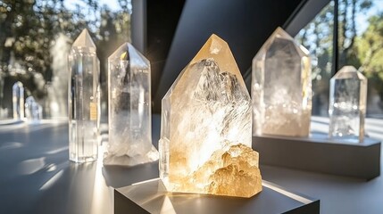 Aufkleber - Elegant crystal art pieces on display in a modern gallery, illuminated by natural light, creating an ethereal and sophisticated atmosphere
