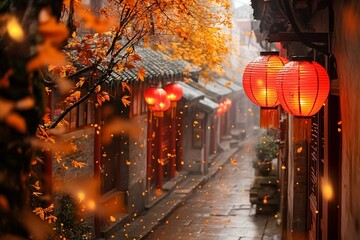 Poster - Misty autumn alleyway in China with red lanterns, falling leaves, and traditional architecture.