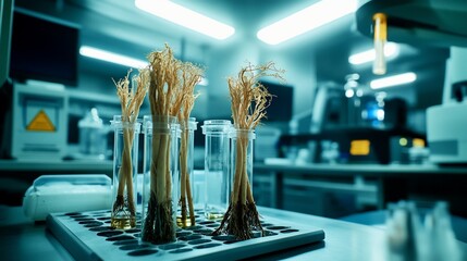 Aufkleber - Plant roots in test tubes in a laboratory setting.