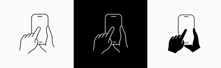 Poster - Hands holding mobile phone in line style icon. Smartphone held in flat style symbol. Hand holding a smartphone signs vector illustration for apps and website