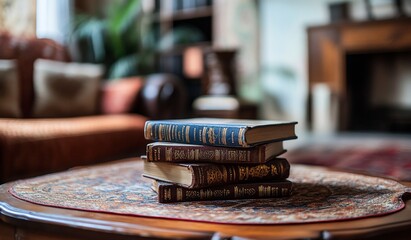 Poster - Stack of antique books on a vintage coffee table in a cozy living room.