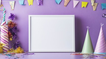 Poster - Blank frame mockup surrounded by colorful party decorations on purple background.