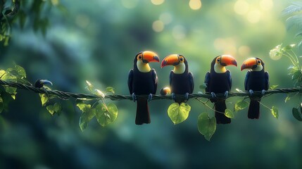 Poster - Four toucans perched on a vine, sunlight filtering through lush green foliage.