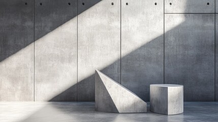 Poster - Geometric shapes arranged in a minimalist style on a concrete backdrop, with deep shadows adding visual depth and highlighting the beauty of design in simplicity