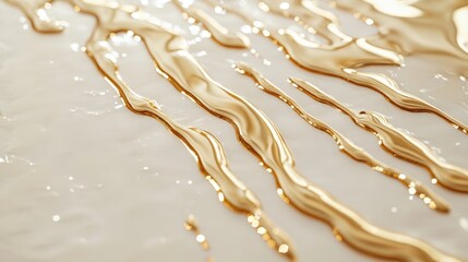 Poster - Glittering gold liquid dripping onto a pristine creamy surface, shimmering with luxury and creating a sense of indulgence and sophistication