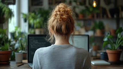 Woman coding on laptop in plant-filled home office