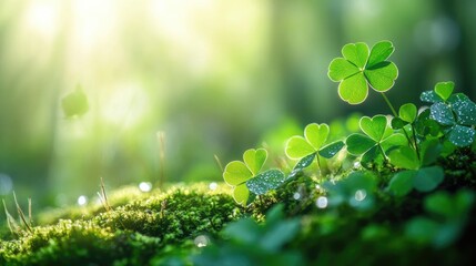 Poster - Lush green clover leaves resting on dewy moss in a sunlit forest, showcasing the beauty and freshness of nature intricate details during spring