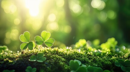 Poster - Lush green clover leaves resting on dewy moss in a sunlit forest, showcasing the beauty and freshness of nature intricate details during spring