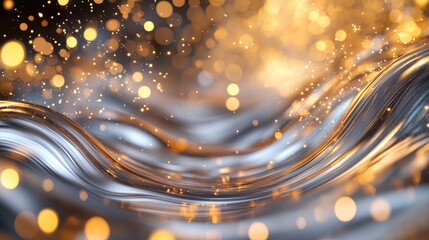 Aufkleber - Metallic waves undulate in an abstract composition, with golden bokeh lights adding a dreamlike effect, emphasizing fluidity and sophistication in design