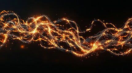Fototapete - Abstract glowing orange wave particles on black background.