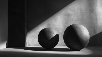Poster - Monochrome abstract spheres set against a minimalist background, their forms and shadows dramatically enhanced by chiaroscuro lighting to create visual depth