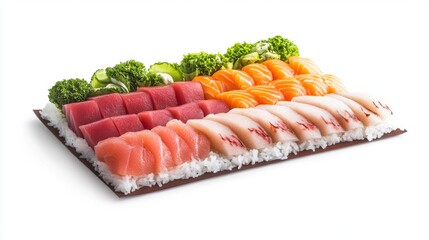 Wall Mural - Delicate slices of sashimi arranged beautifully on a platter, showcasing fresh tuna, salmon, yellowtail, and octopus.