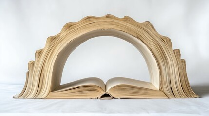 Poster - Open books positioned in an arch formation on a white backdrop, creating a symbolic and elegant display of literary artistry in a minimalist setting