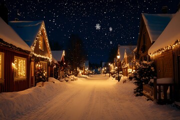 Poster - Snowy village street at night with Christmas lights and starry sky.