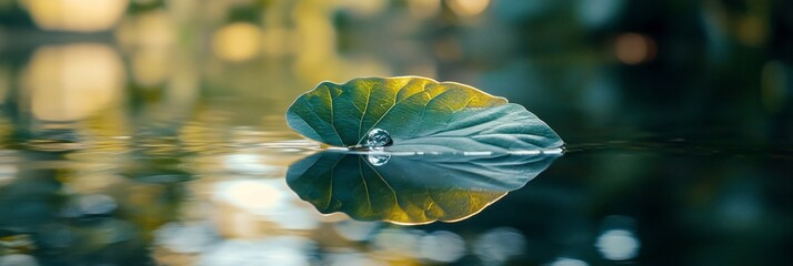 Poster - Single leaf floats on calm water, reflecting its image.