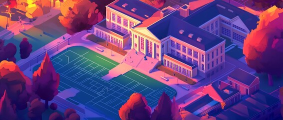 Aufkleber - Isometric view of a school campus at sunset, showing a large building, sports field, and surrounding trees.