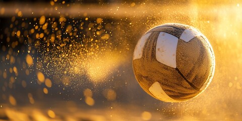 Aufkleber - Soccer ball in motion, dust and golden light.
