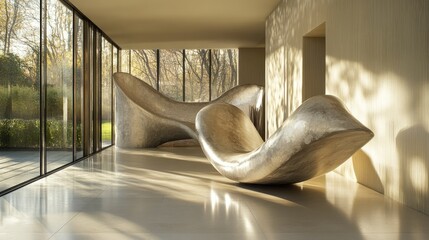 Poster - Sculptural wave elements in a sunlit interior, with natural light accentuating their curves and creating an elegant play of light and shadow in the modern space