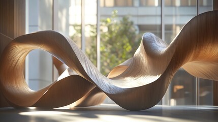 Poster - Sculptural wave elements in a sunlit interior, with natural light accentuating their curves and creating an elegant play of light and shadow in the modern space
