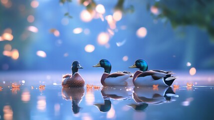 Aufkleber - three mallard ducks peacefully float on a calm, serene lake at dawn, their reflections mirrored in t