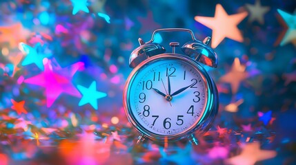 Poster - Silver alarm clock showing midnight amidst colorful star-shaped confetti and lights.