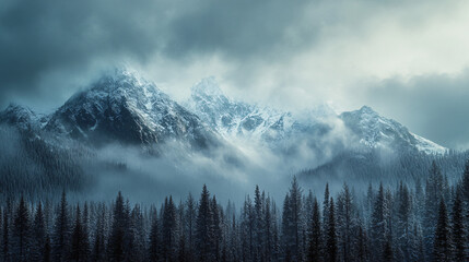  A picturesque mountain range threatened by an incoming avalanche, with an ominous atmosphere created by dark clouds and snow-laden trees.  