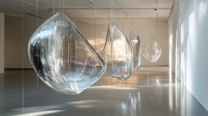 Poster - Suspended glass sculptures in a minimalist gallery, casting soft reflections and shadows, creating an artistic, serene ambiance in the space