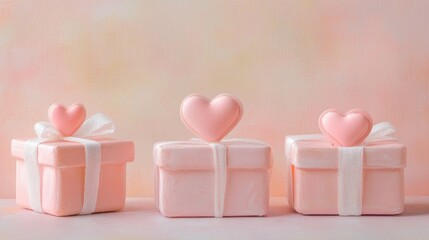 Poster - Sweet pink gift boxes adorned with heart decorations, set on a gentle pastel backdrop, exuding warmth, love, and elegance in a soft, minimalist design