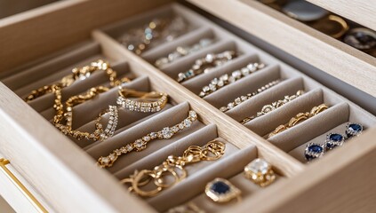 Aufkleber - Open jewelry box filled with gold necklaces, bracelets, earrings, and rings.