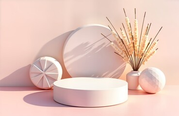 Poster - Empty podium for cosmetic product showcase. Minimalist scene with geometric forms. Trendy light pink background with shadows, dried flower bouquet in vase. 3D rendering. Scene for product