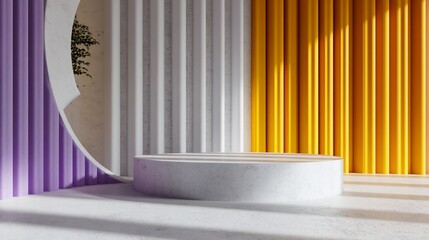 Poster - Minimalist white marble podium against purple, white, and yellow striped backdrop.